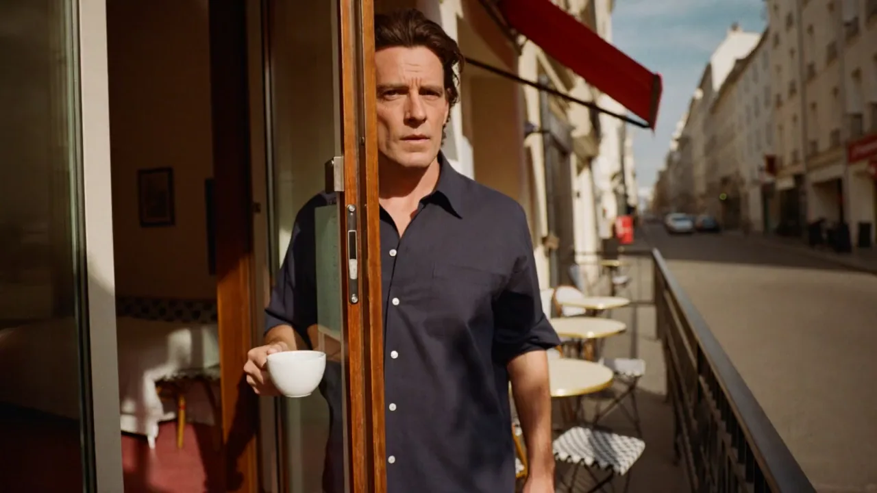 A man steps out of a café onto a sunny terrace and sips his coffee.