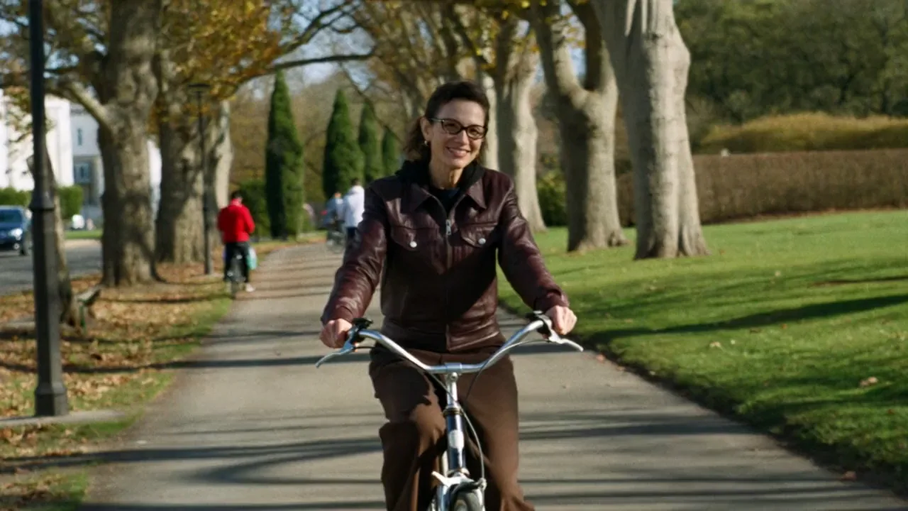 A woman cycles along a tree-lined park path as the camera glides back.