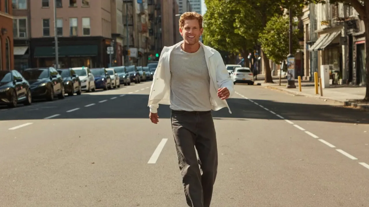 A man in a white jacket walks toward the camera down a sunlit city avenue.
