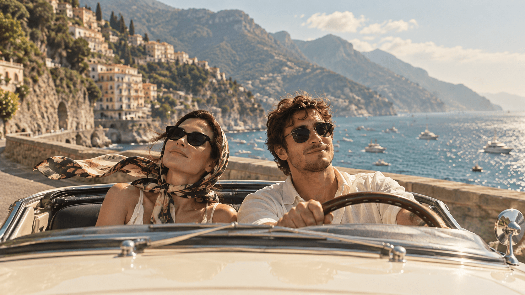 Two friends in a convertible on the Italian coast